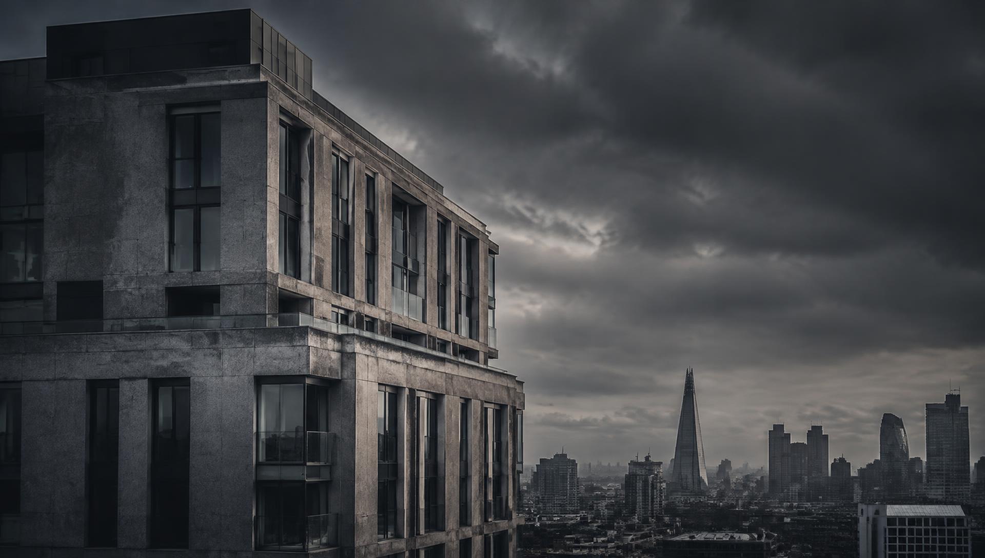Contemporary London development against a moody sky