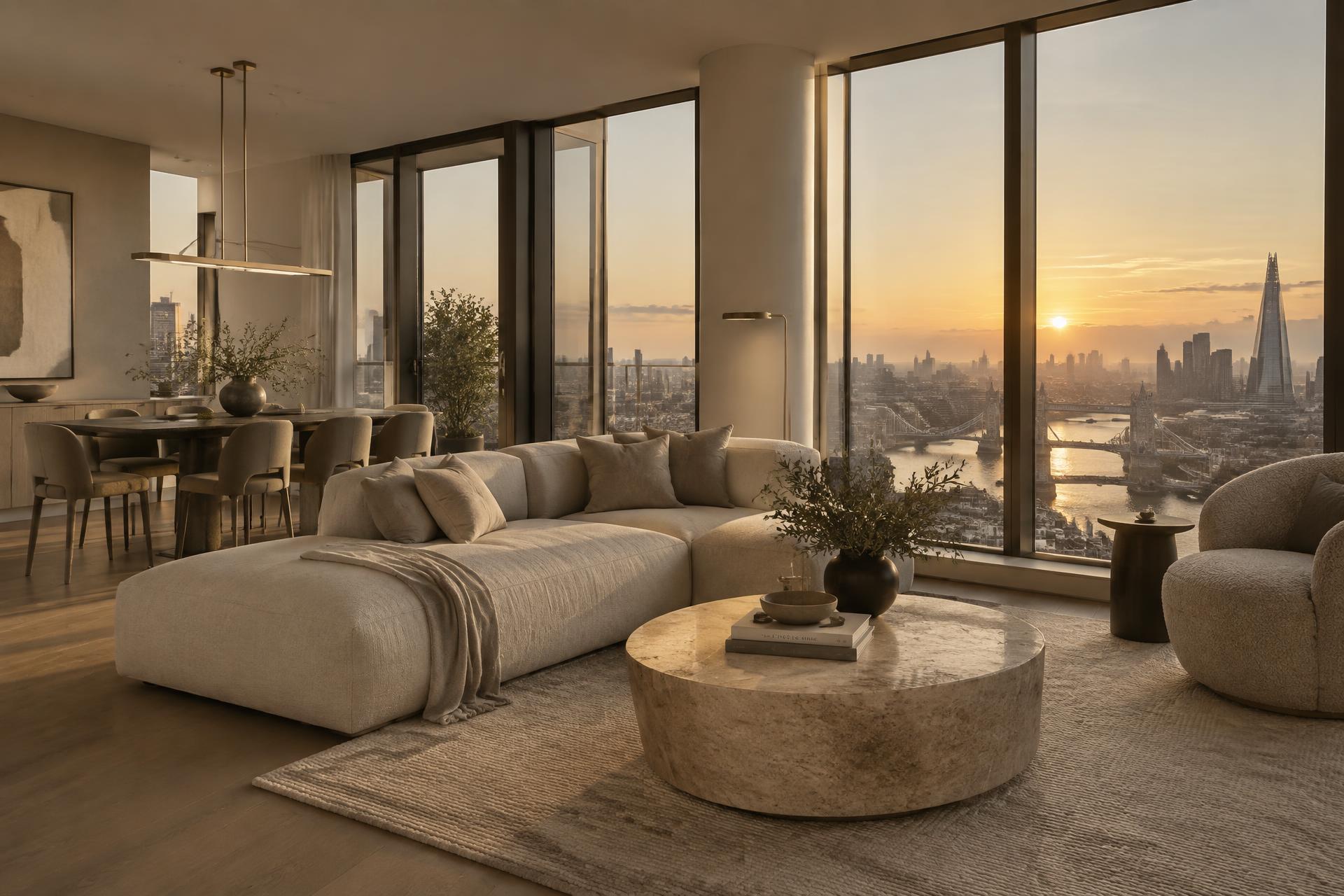 Contemporary London apartment interior at golden hour